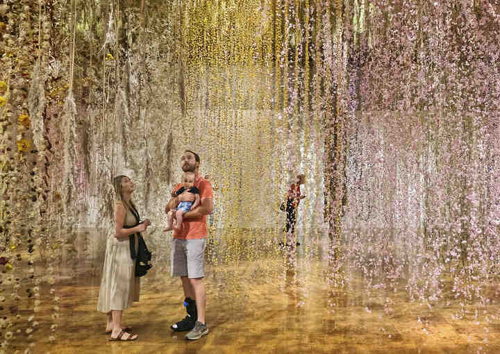 Ethan and Kati Downey of Waterville take their son Barrett through the Rebecca Louise Law: Community installation, which is a floral representation of northwest Ohio, after a tour of the Toledo Museum of Art designed for babies.   (Jeremy Wadsworth / The Blade)